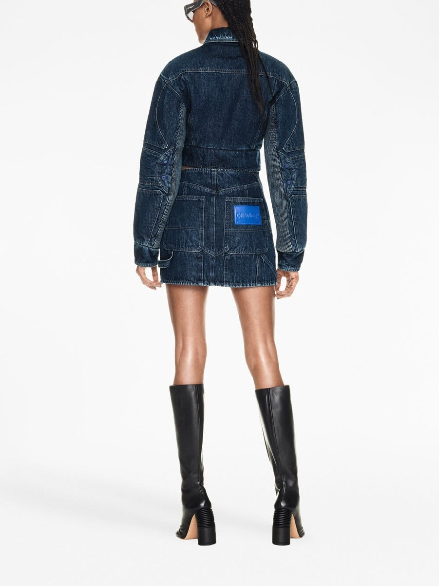 Off White Womens Cropped Denim Jacket With Bold Cutout Motorcycle Detailing For Fashion Forward Women