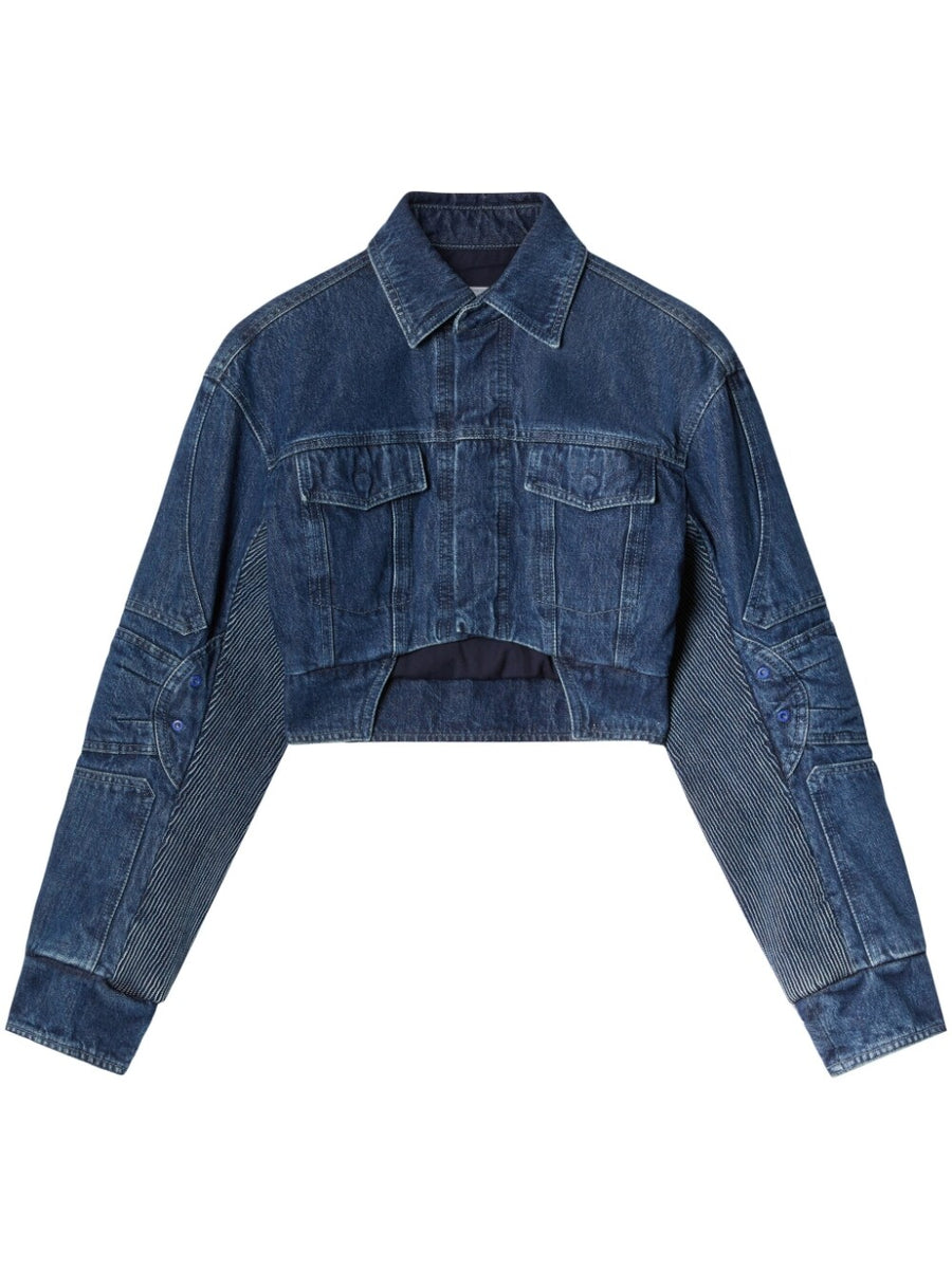 Off White Womens Cropped Denim Jacket With Bold Cutout Motorcycle Detailing For Fashion Forward Women