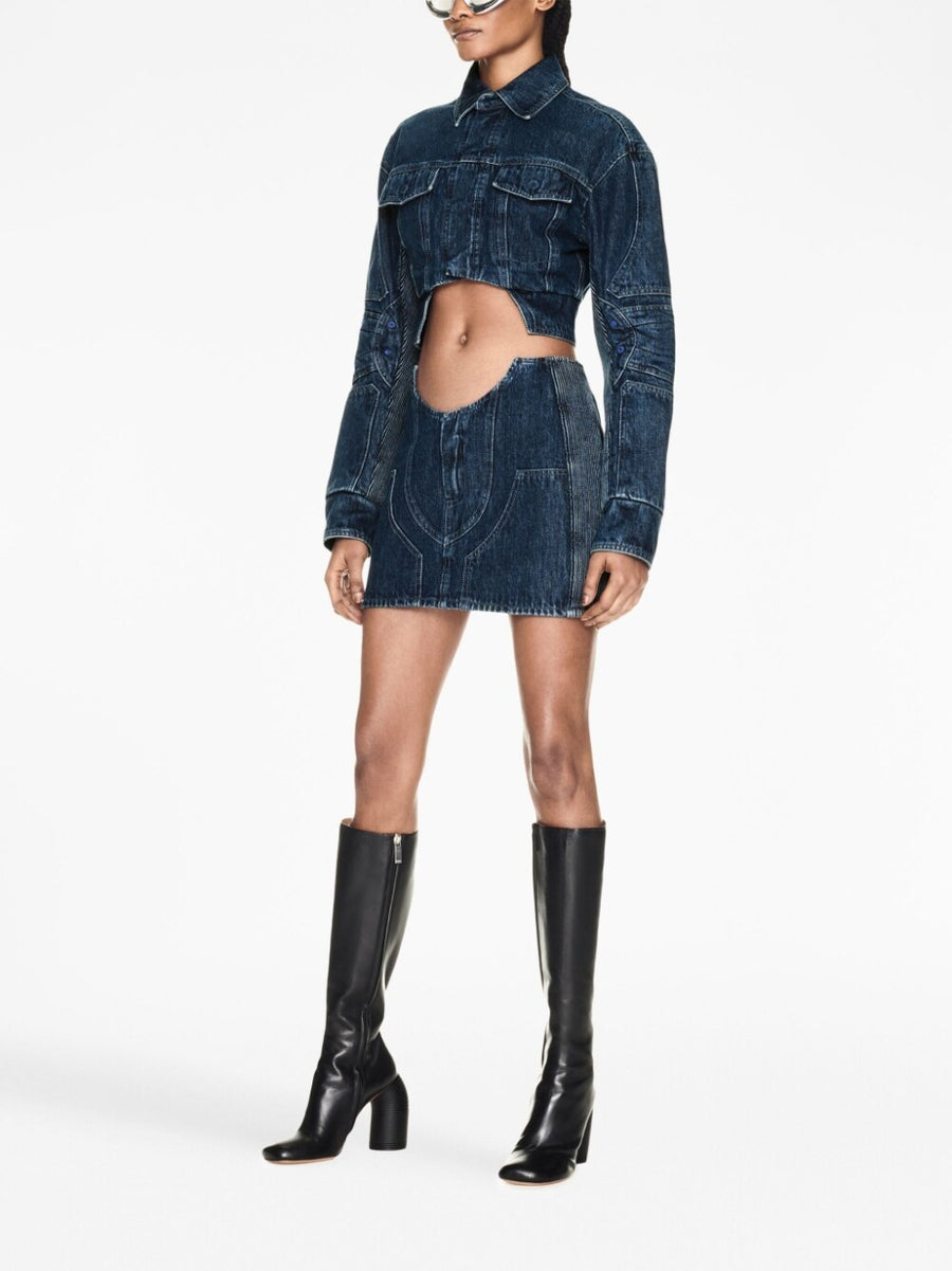 Off White Womens Cropped Denim Jacket With Bold Cutout Motorcycle Detailing For Fashion Forward Women