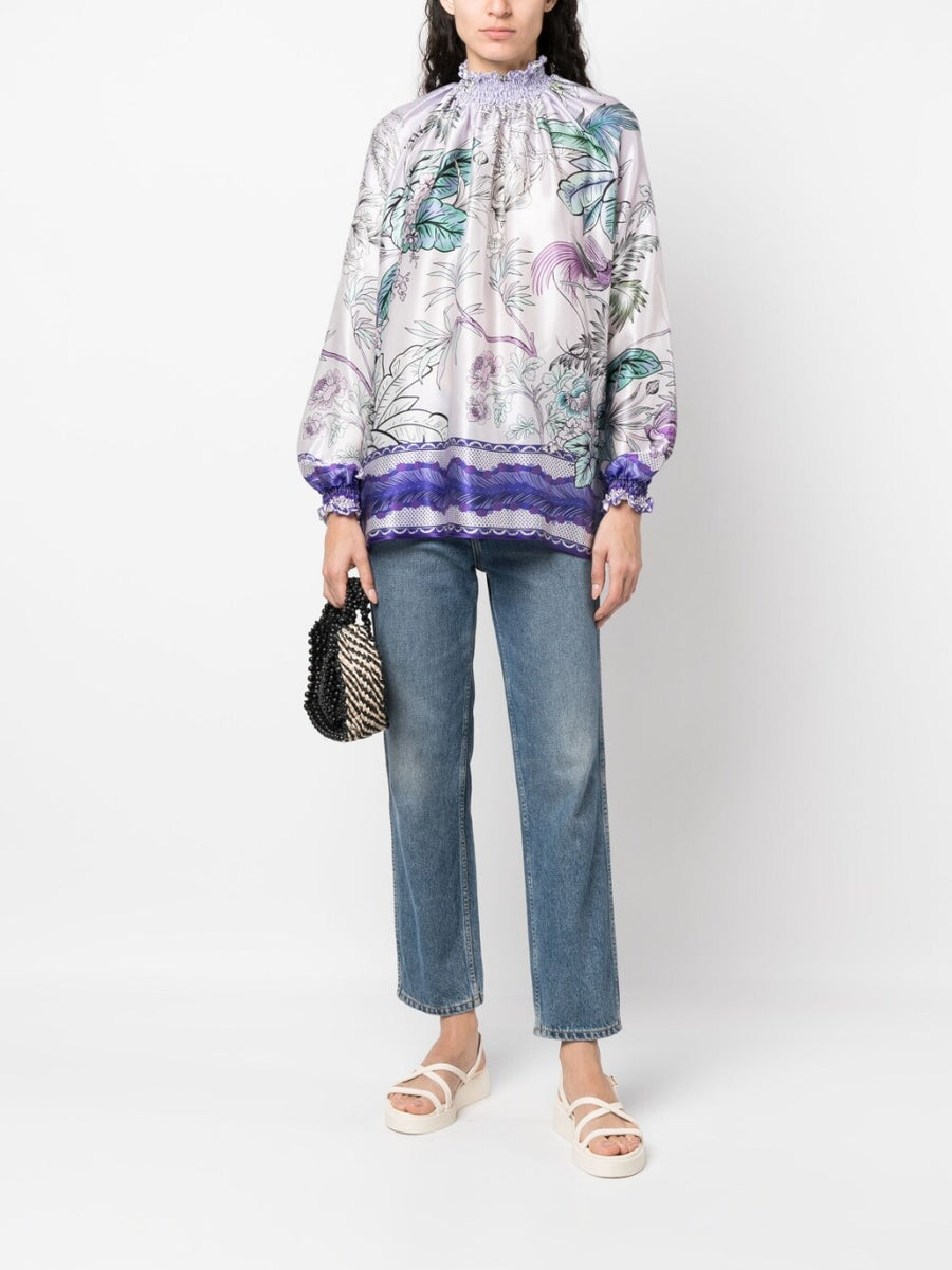 F.R.S Silk Blouse High Neck Printed Lilac Silk Top For Women Elegant Luxury Officewear