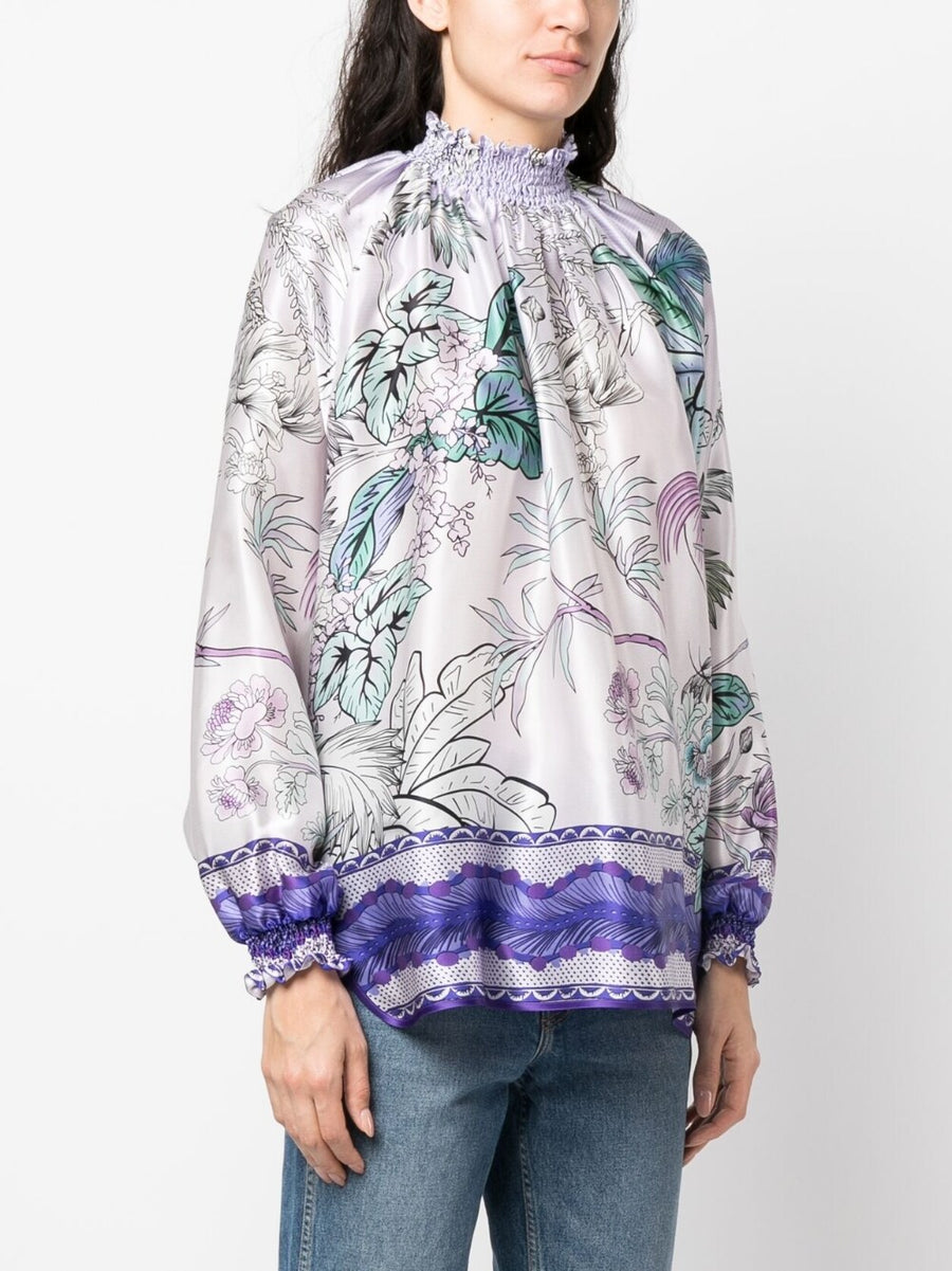 F.R.S Silk Blouse High Neck Printed Lilac Silk Top For Women Elegant Luxury Officewear