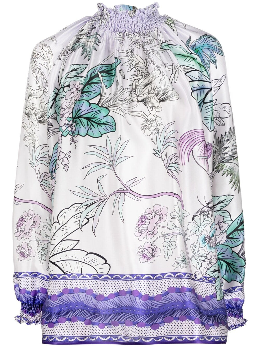 F.R.S Silk Blouse High Neck Printed Lilac Silk Top For Women Elegant Luxury Officewear