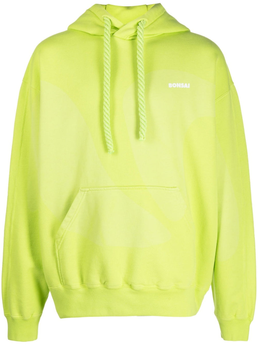 Bonsai Printed Cotton Hoodie For Men With Logo Drawstring Hood And Front Pouch Lime Green 100 Percent Cotton Everyday