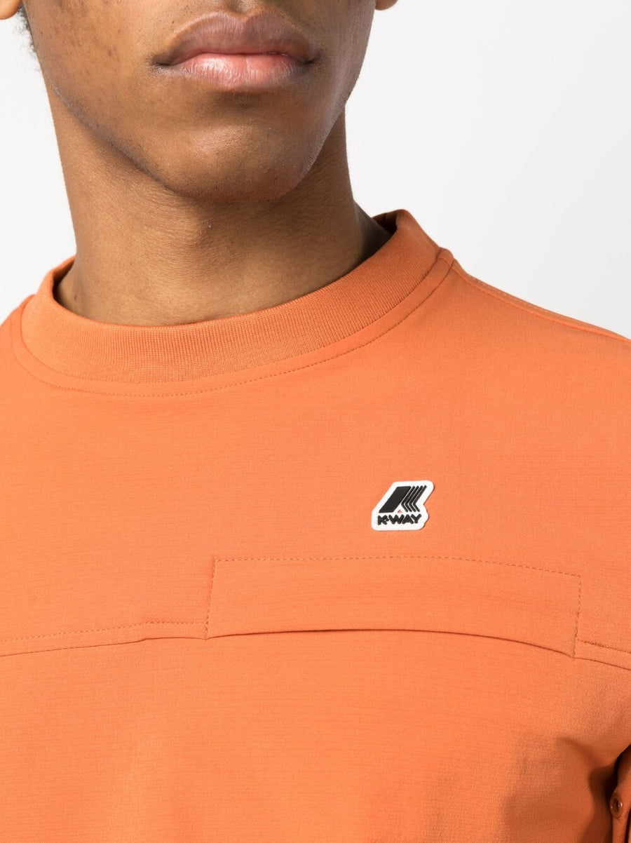 K-Way R And D Logo Crewneck Sweatshirt For Men Carrot Orange Premium Nylon Blend With Chest Patch