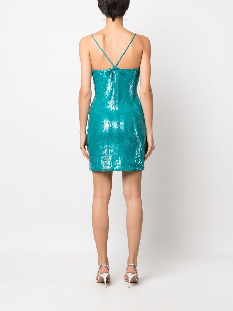 PAROSH Sequined Mini Dress Aqua Blue With Plunging V Neck And Adjustable Spaghetti Straps For Women Evening Wear