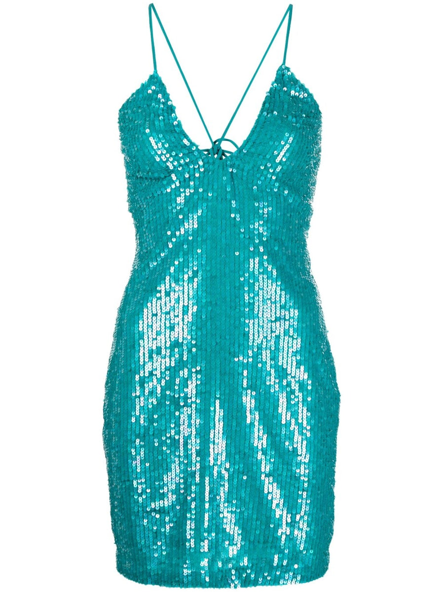 PAROSH Sequined Mini Dress Aqua Blue With Plunging V Neck And Adjustable Spaghetti Straps For Women Evening Wear