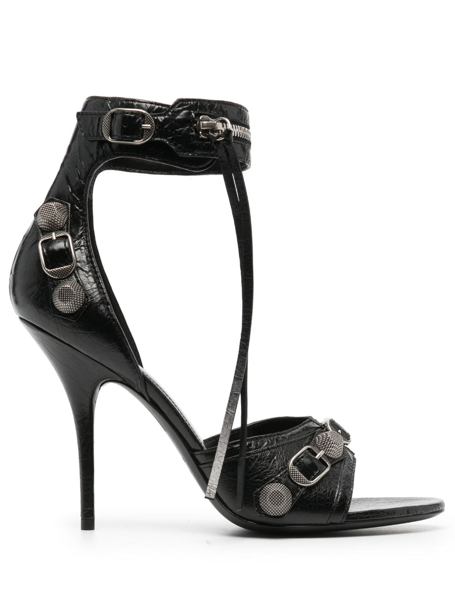 Balenciaga Cagole 110mm Leather Sandals for Women Luxurious Open-Toe Evening Heel with Silver Hardware