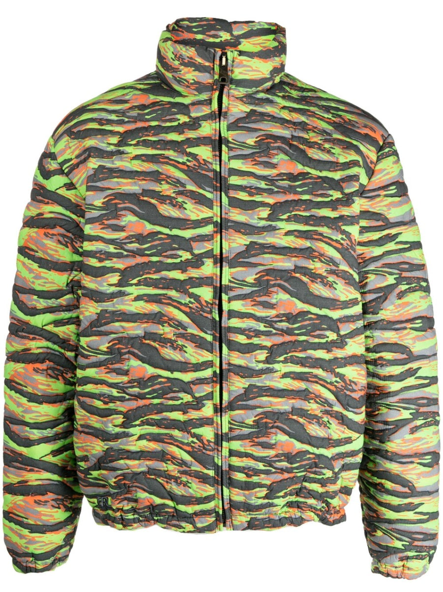 Erl Printed Green Camouflage Quilted Down Jacket For Men Warm Comfort Contemporary Outerwear