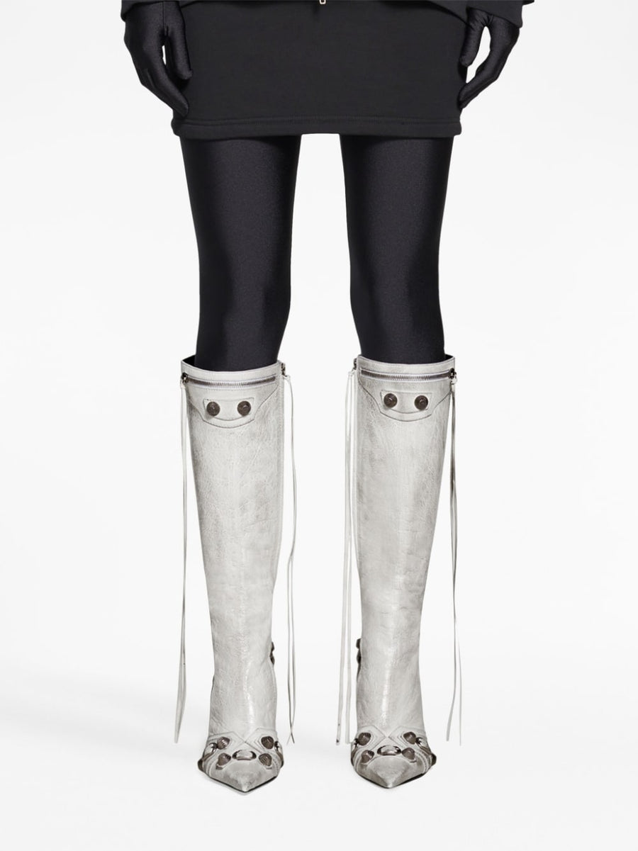 Balenciaga Le Cagole Leather Boots For Women Optical White Lambskin Pointed Toe Studded Zip 9cm Heel Luxury Citywear