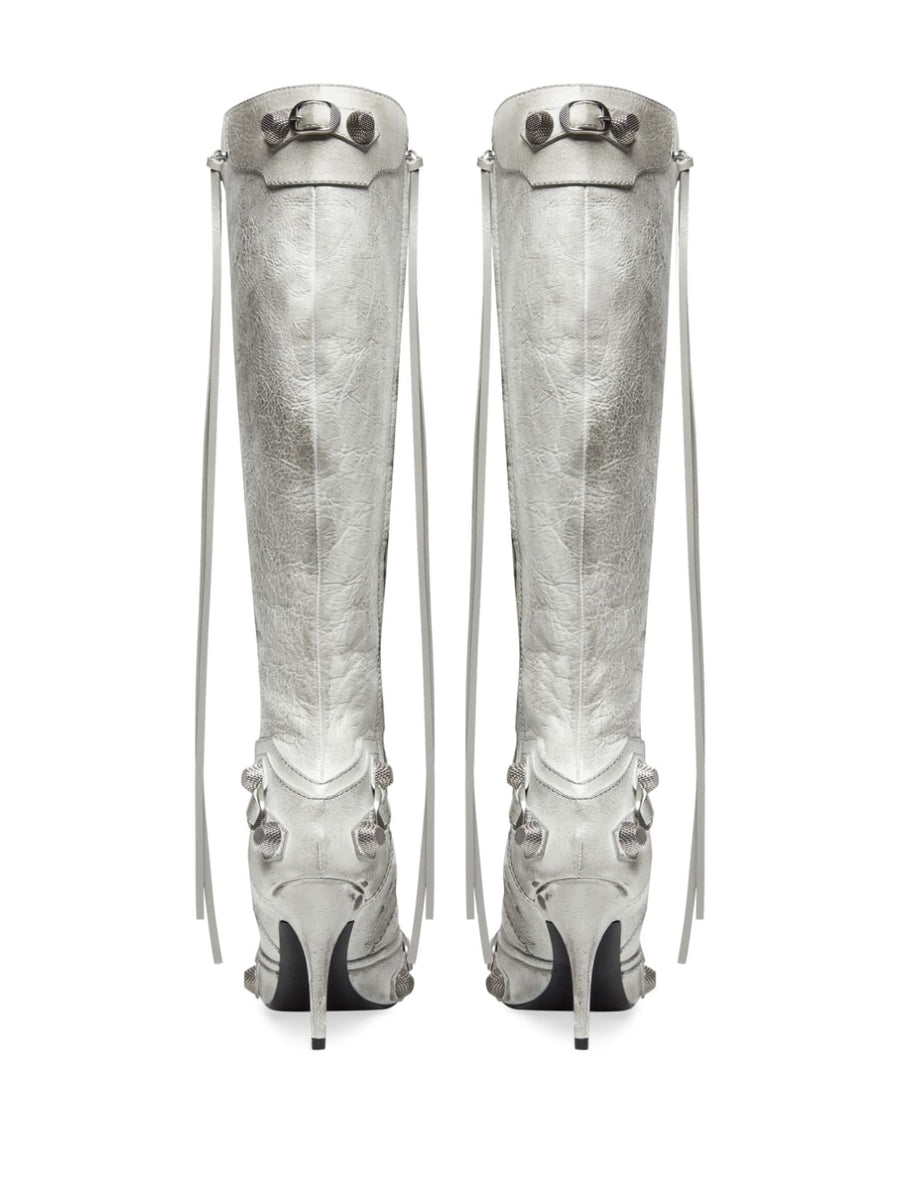 Balenciaga Le Cagole Leather Boots For Women Optical White Lambskin Pointed Toe Studded Zip 9cm Heel Luxury Citywear
