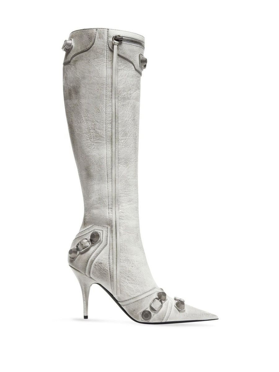 Balenciaga Le Cagole Leather Boots For Women Optical White Lambskin Pointed Toe Studded Zip 9cm Heel Luxury Citywear