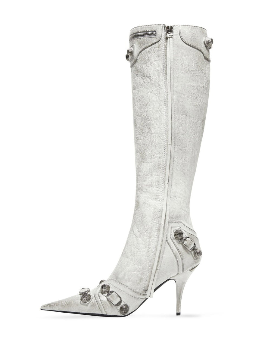 Balenciaga Le Cagole Leather Boots For Women Optical White Lambskin Pointed Toe Studded Zip 9cm Heel Luxury Citywear