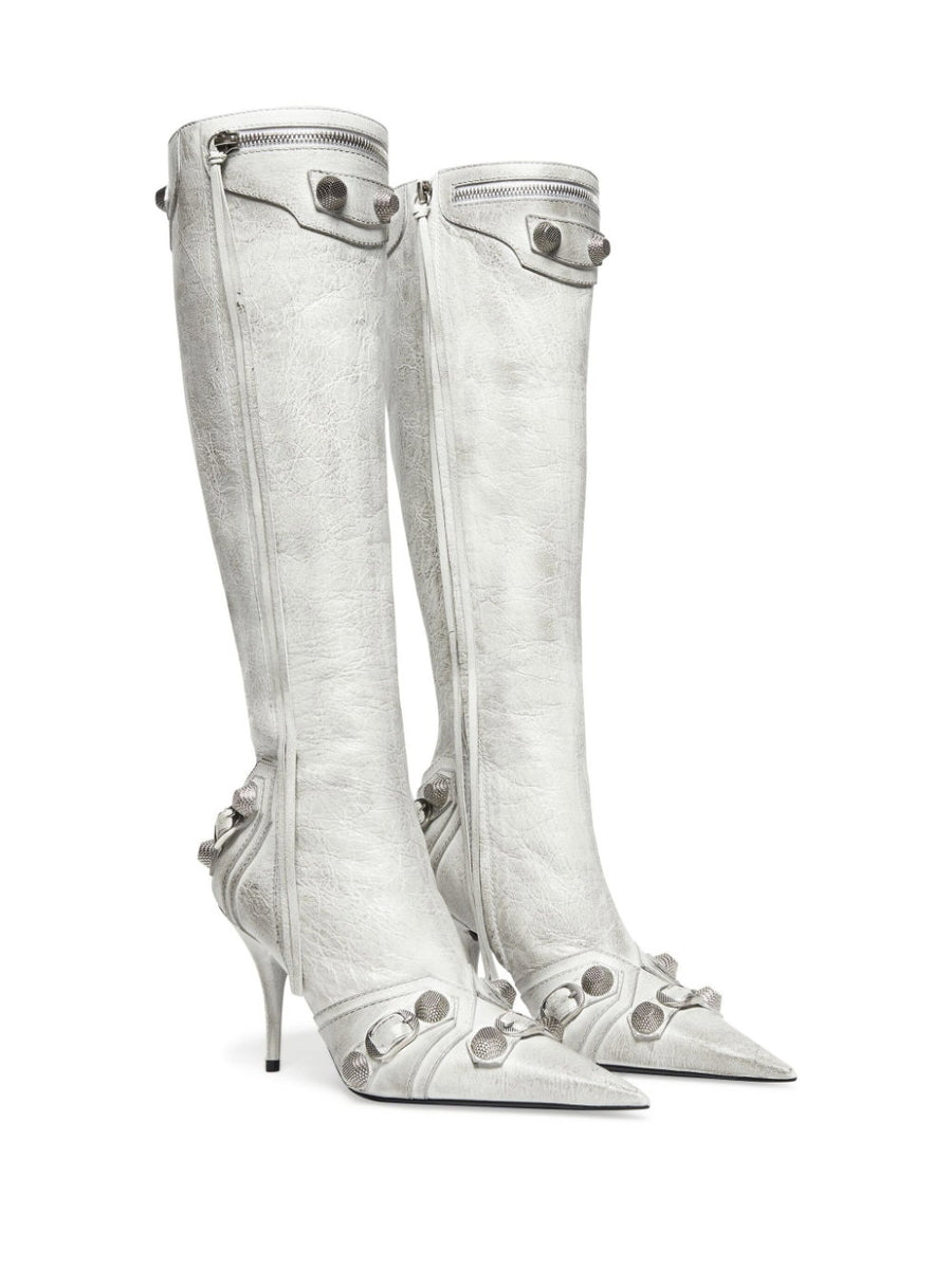 Balenciaga Le Cagole Leather Boots For Women Optical White Lambskin Pointed Toe Studded Zip 9cm Heel Luxury Citywear