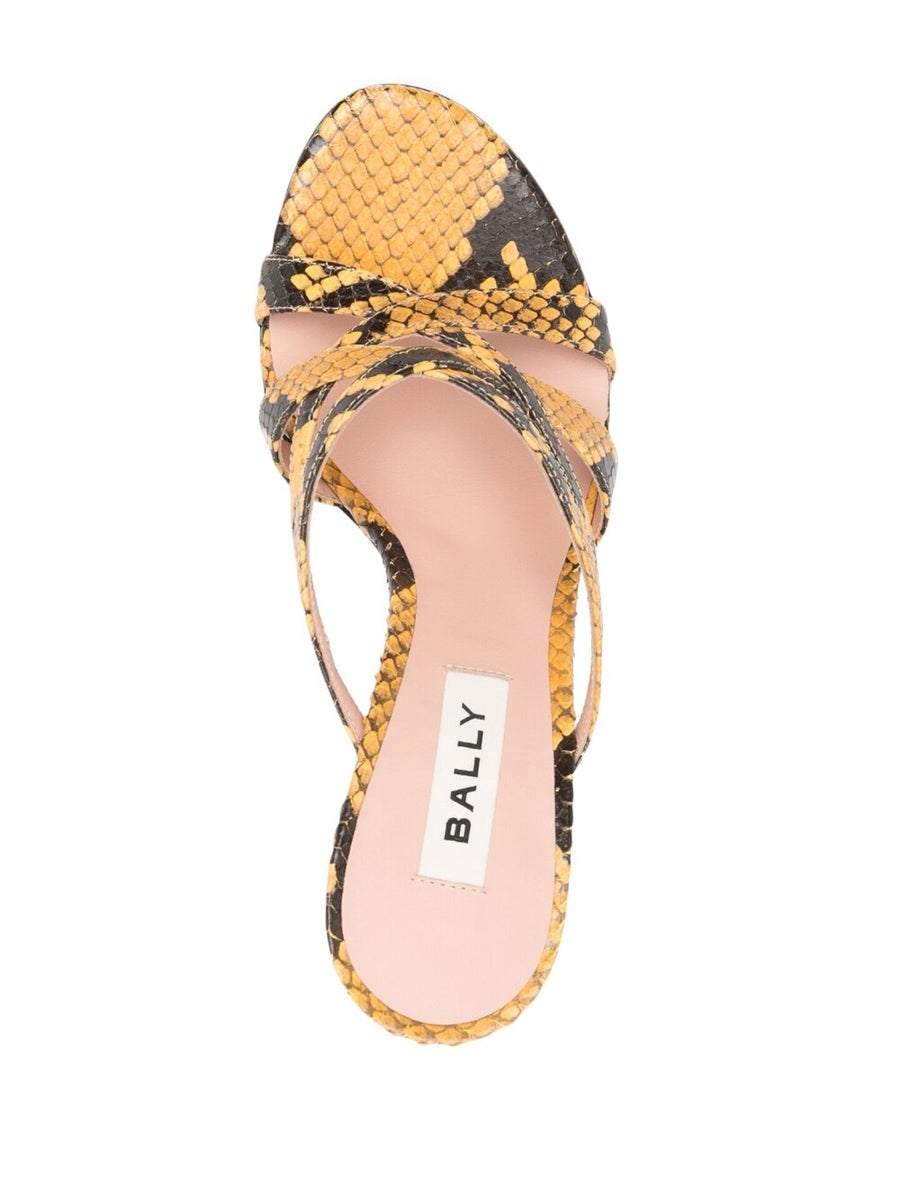 Bally Carolyn Mustard Snakeskin Sandals for Women Lux Calf Leather Mules Bold Four and Half Inch Heel