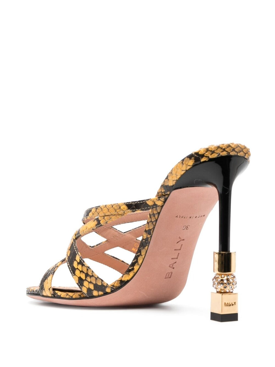 Bally Carolyn Mustard Snakeskin Sandals for Women Lux Calf Leather Mules Bold Four and Half Inch Heel