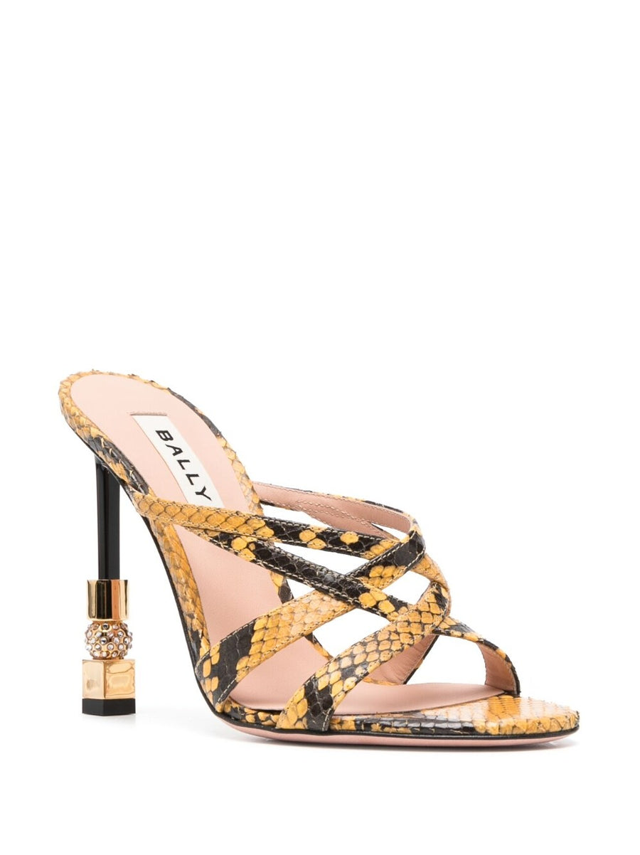 Bally Carolyn Mustard Snakeskin Sandals for Women Lux Calf Leather Mules Bold Four and Half Inch Heel