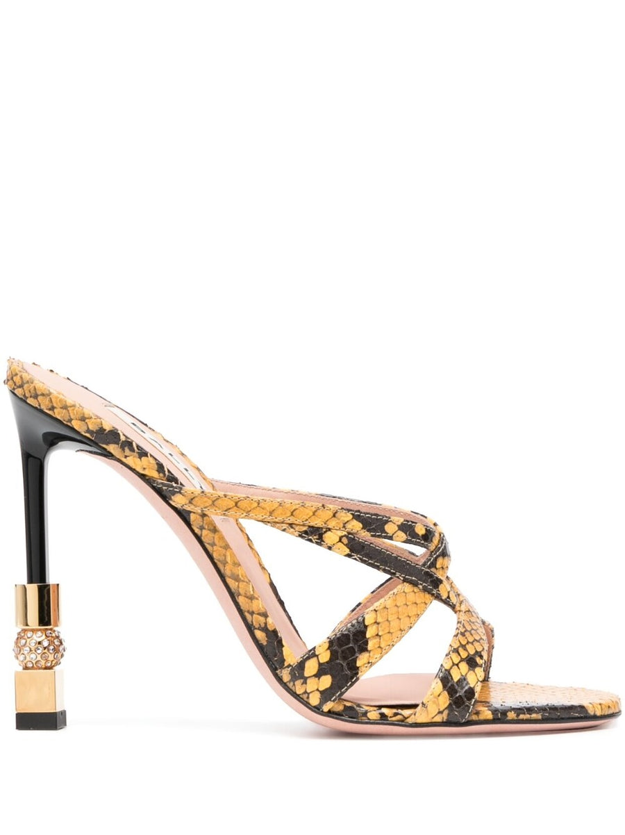 Bally Carolyn Mustard Snakeskin Sandals for Women Lux Calf Leather Mules Bold Four and Half Inch Heel