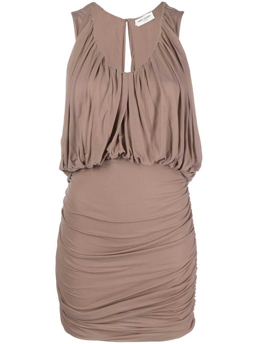 Saint Laurent Sleeveless Draped Minidress Taupe Cupro for Women Refined Minimalist Luxury