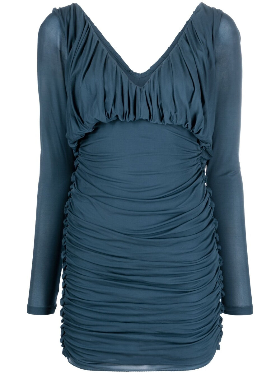 Saint Laurent Draped Mini Dress For Women With V Neck And V Back Silhouette Quiet Luxury Cupro Fabric