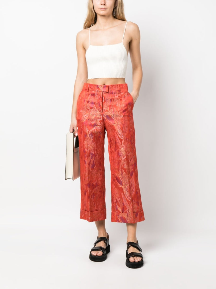 Alberto Biani Floral Jacquard Trousers For Women Flame Red Cropped Fit With Premium Texture