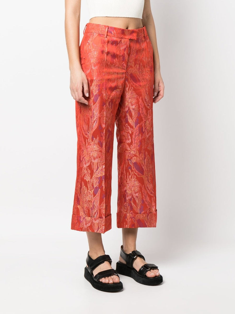 Alberto Biani Floral Jacquard Trousers For Women Flame Red Cropped Fit With Premium Texture