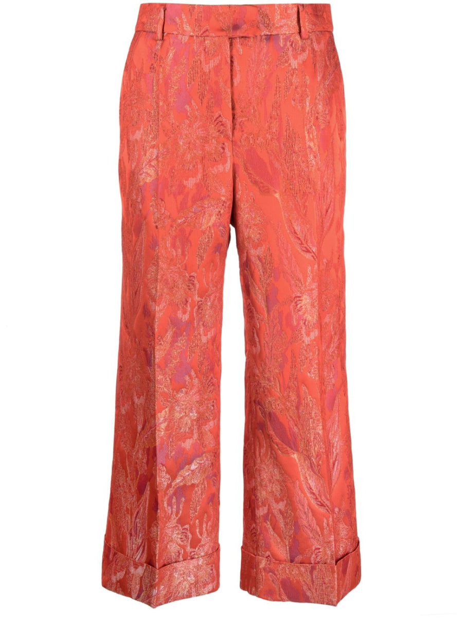 Alberto Biani Floral Jacquard Trousers For Women Flame Red Cropped Fit With Premium Texture