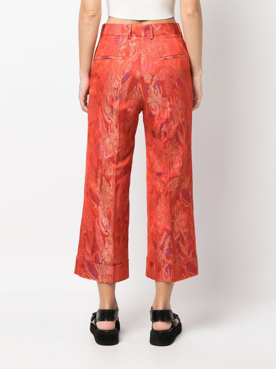 Alberto Biani Floral Jacquard Trousers For Women Flame Red Cropped Fit With Premium Texture
