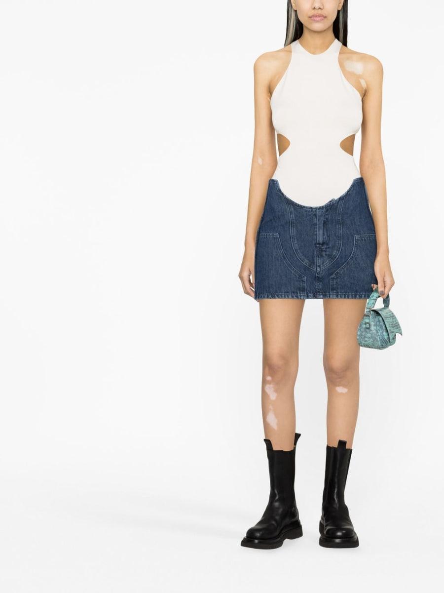 Off White Denim Mini Skirt Blue With Cutouts High Rise For Women Fashion Forward Streetwear
