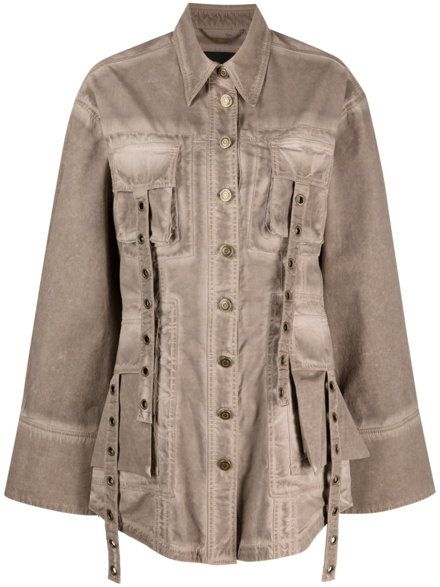 Blumarine Denim Jacket For Women With Eyelet Detail Pocketed Luxurious Light Brown Cotton Blend Versatile Layering