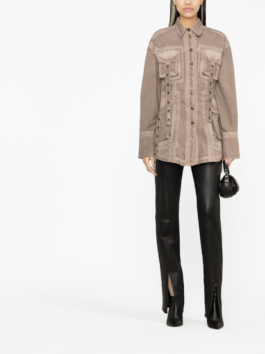 Blumarine Denim Jacket For Women With Eyelet Detail Pocketed Luxurious Light Brown Cotton Blend Versatile Layering