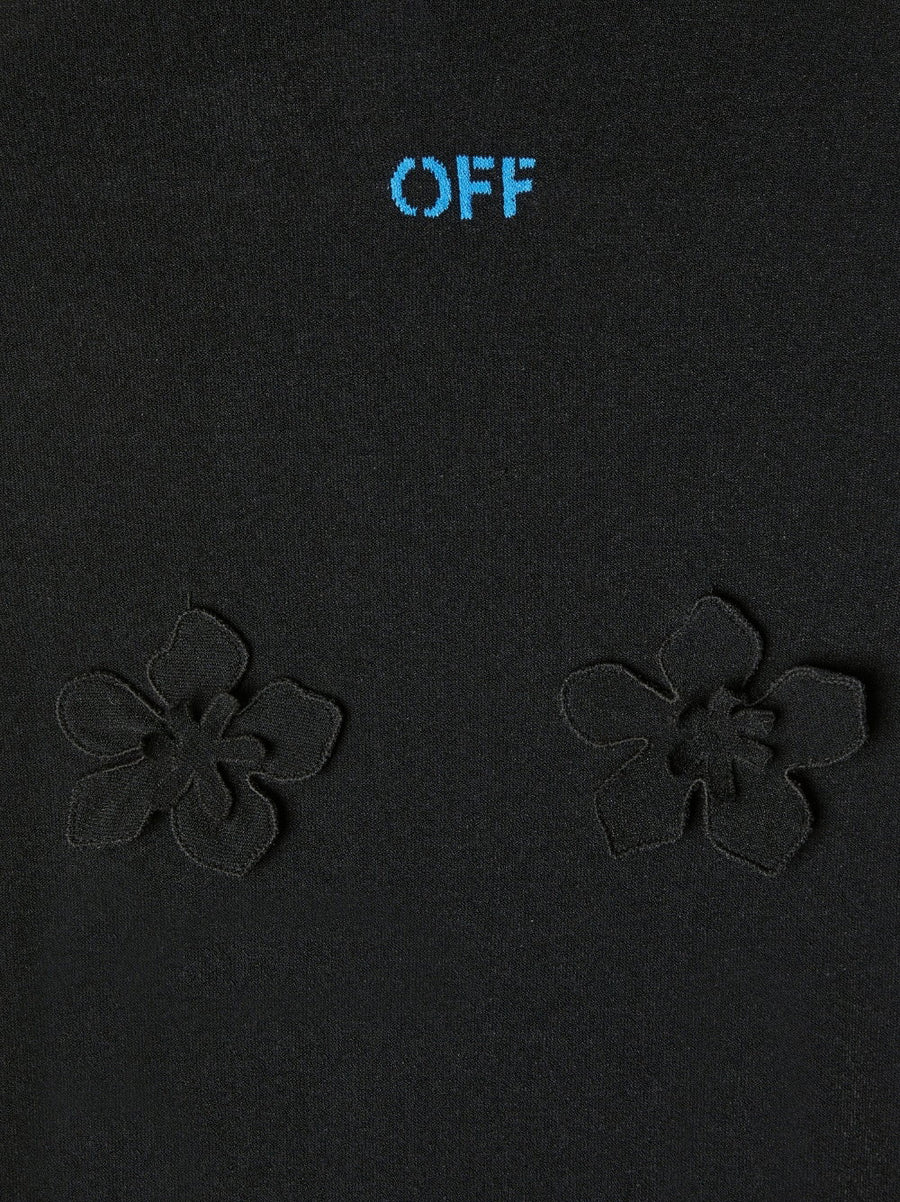 Off White Hooded High Neck Long Dress For Women With Sky Blue Floral Applique And Logo Embroidery