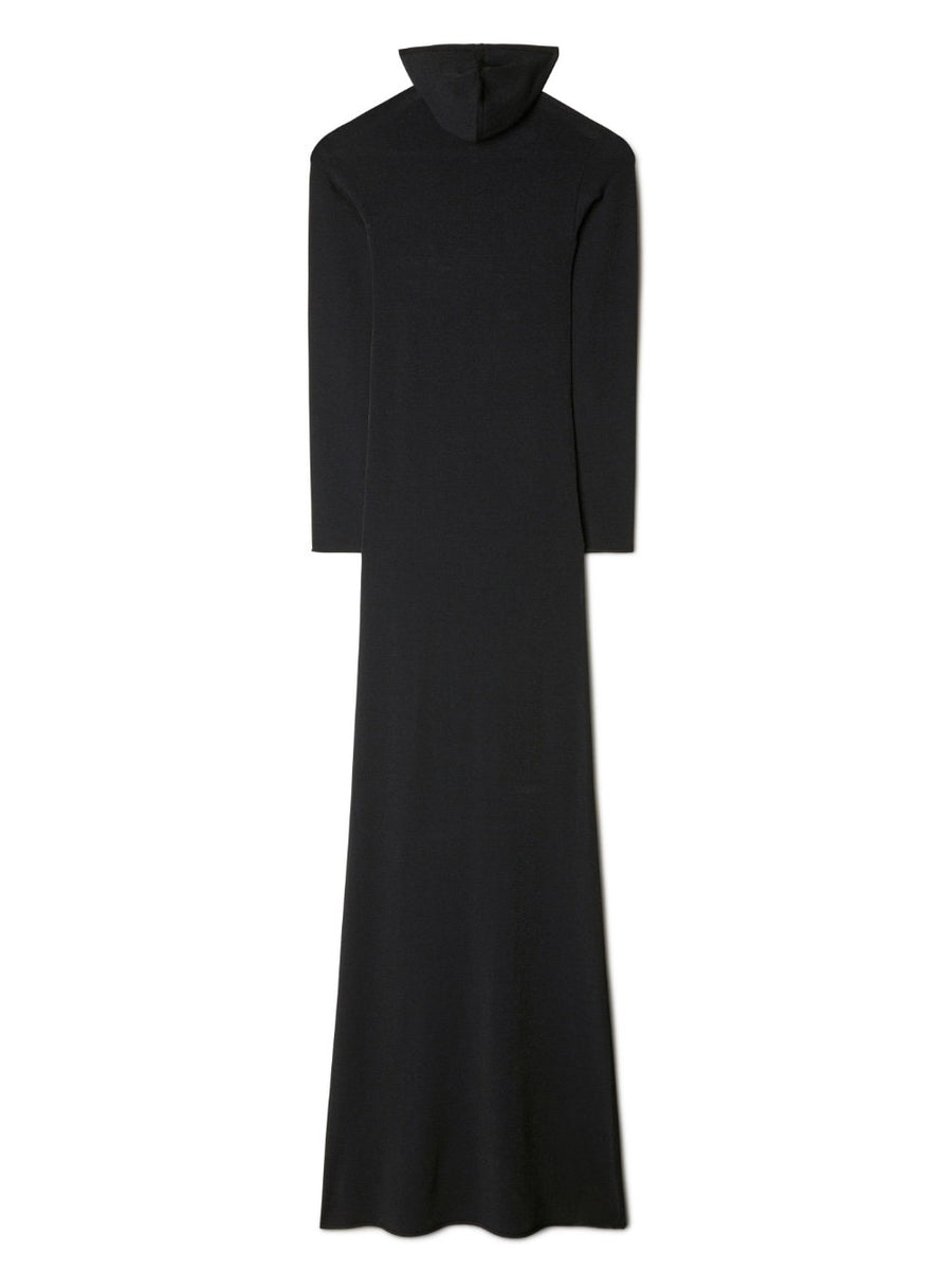Off White Hooded High Neck Long Dress For Women With Sky Blue Floral Applique And Logo Embroidery