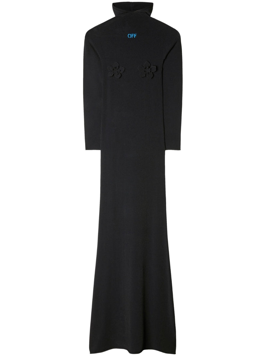 Off White Hooded High Neck Long Dress For Women With Sky Blue Floral Applique And Logo Embroidery