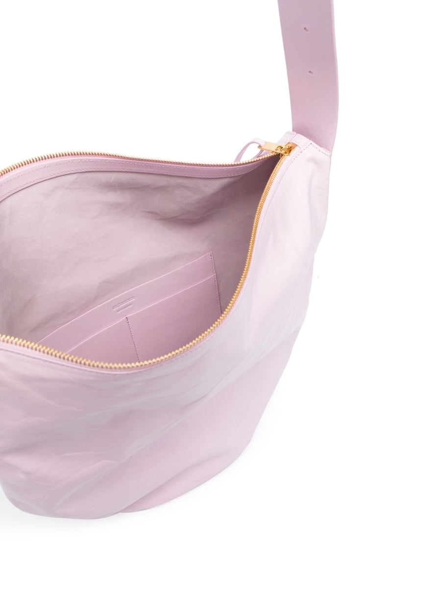 Jil Sander Lilac Crinkled Leather Shoulder Bag For Women Luxurious Refined Medium Top Zip Adjustable Strap