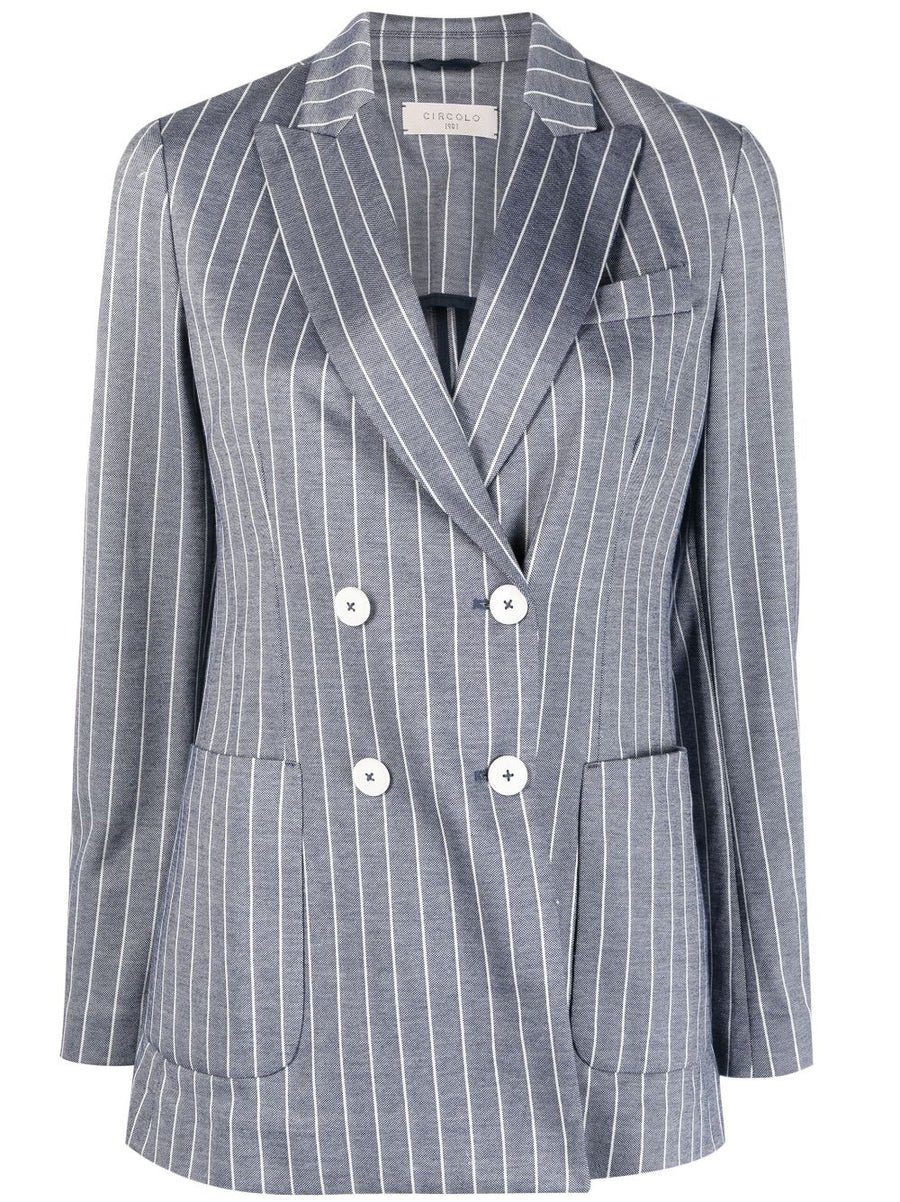 Circolo 1901 Pinstripe Double-Breasted Blazer For Women Polished Cotton Jacket Blue-Gray