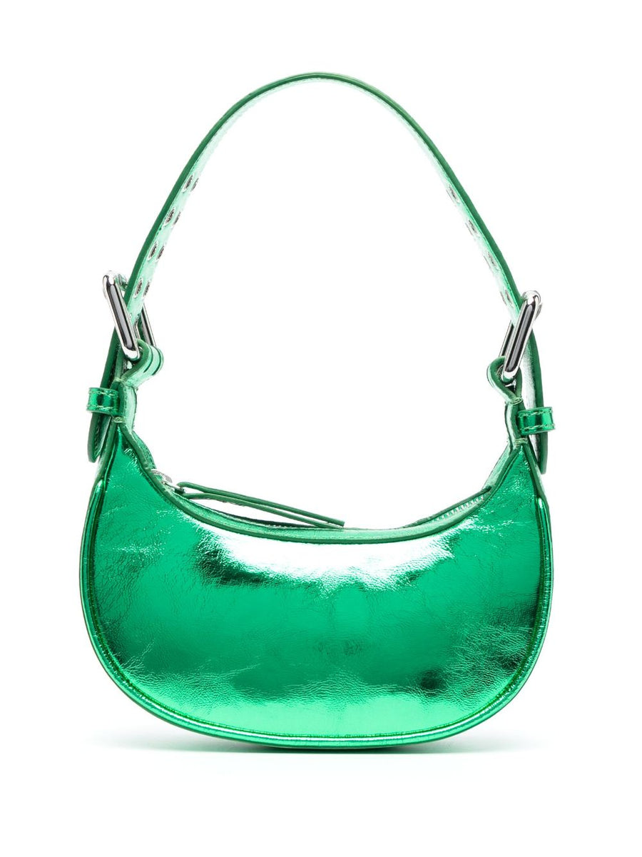 By Far Green Metallic Tote Bag For Women With Lambskin Exterior Secure Top Zip Compact Everyday Carry