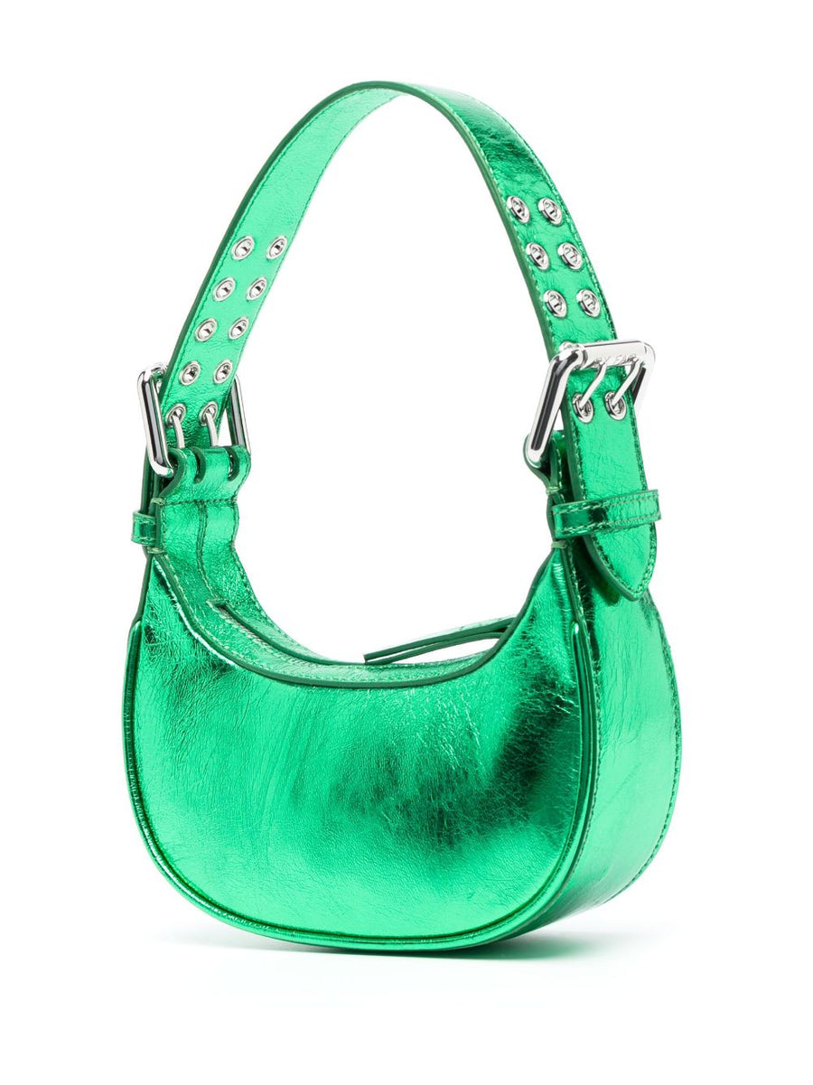 By Far Green Metallic Tote Bag For Women With Lambskin Exterior Secure Top Zip Compact Everyday Carry