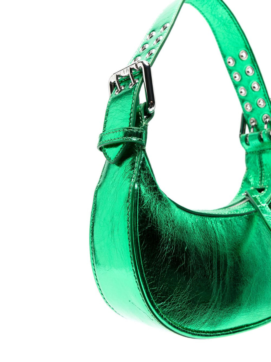 By Far Green Metallic Tote Bag For Women With Lambskin Exterior Secure Top Zip Compact Everyday Carry