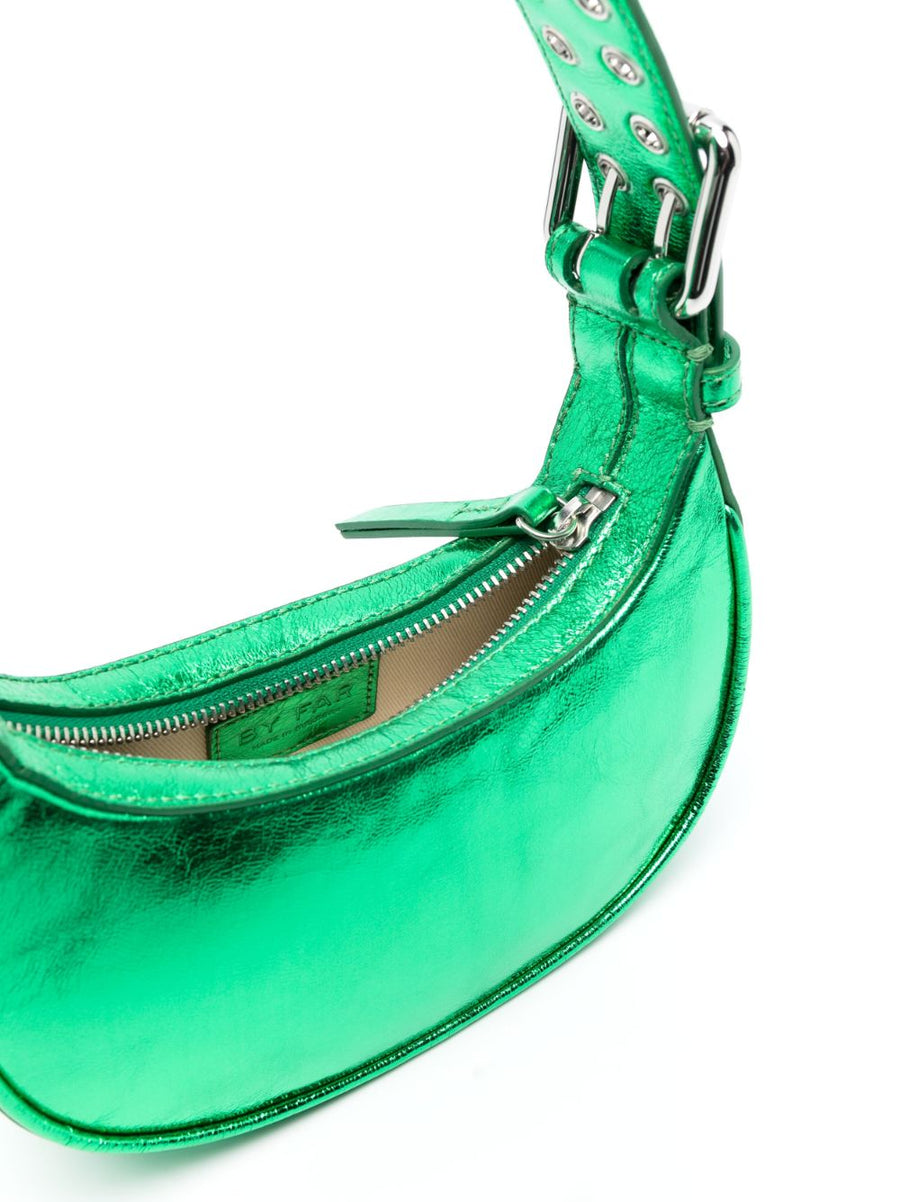 By Far Green Metallic Tote Bag For Women With Lambskin Exterior Secure Top Zip Compact Everyday Carry