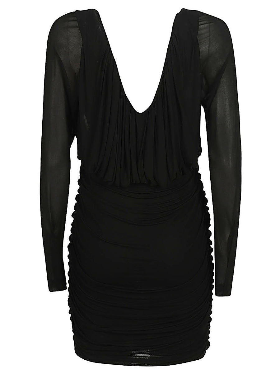Saint Laurent Lux Cupro Jersey Dress With Deep V Neck Ruched Silhouette For Women Runway Ready