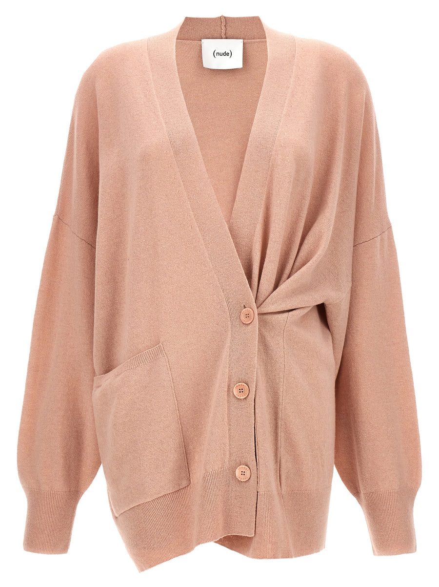 Nude Oversize Cardigan For Women Pink Wool V Neck Button Closure Two Looks Warm Layer