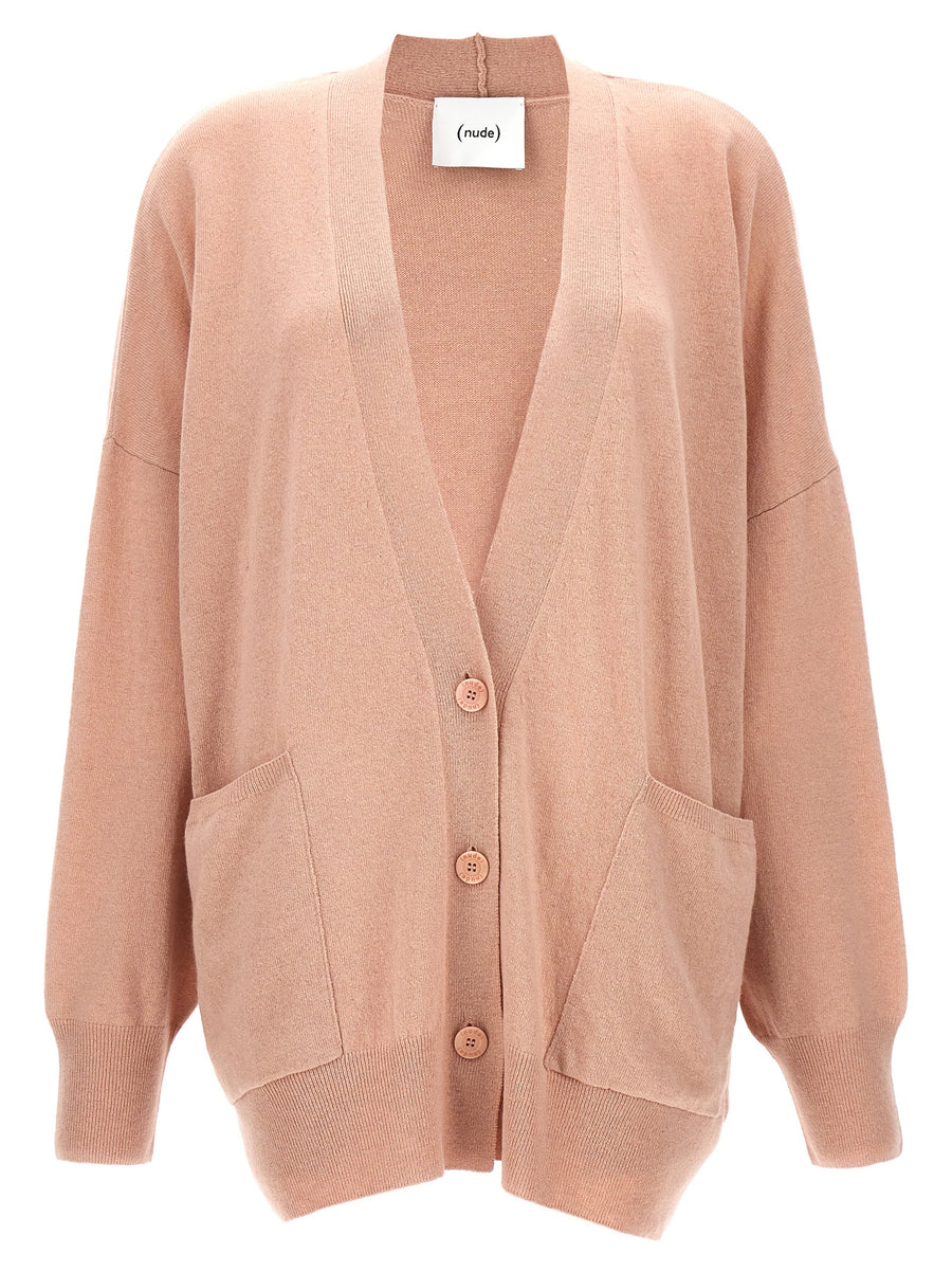 Nude Oversize Cardigan For Women Pink Wool V Neck Button Closure Two Looks Warm Layer