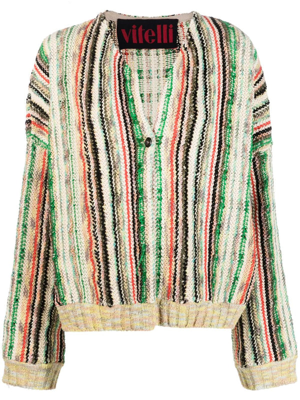 Vitelli Multicolor Striped Cardigan for Women Breathable Cotton Linen Wool Knit Versatile Front Button
