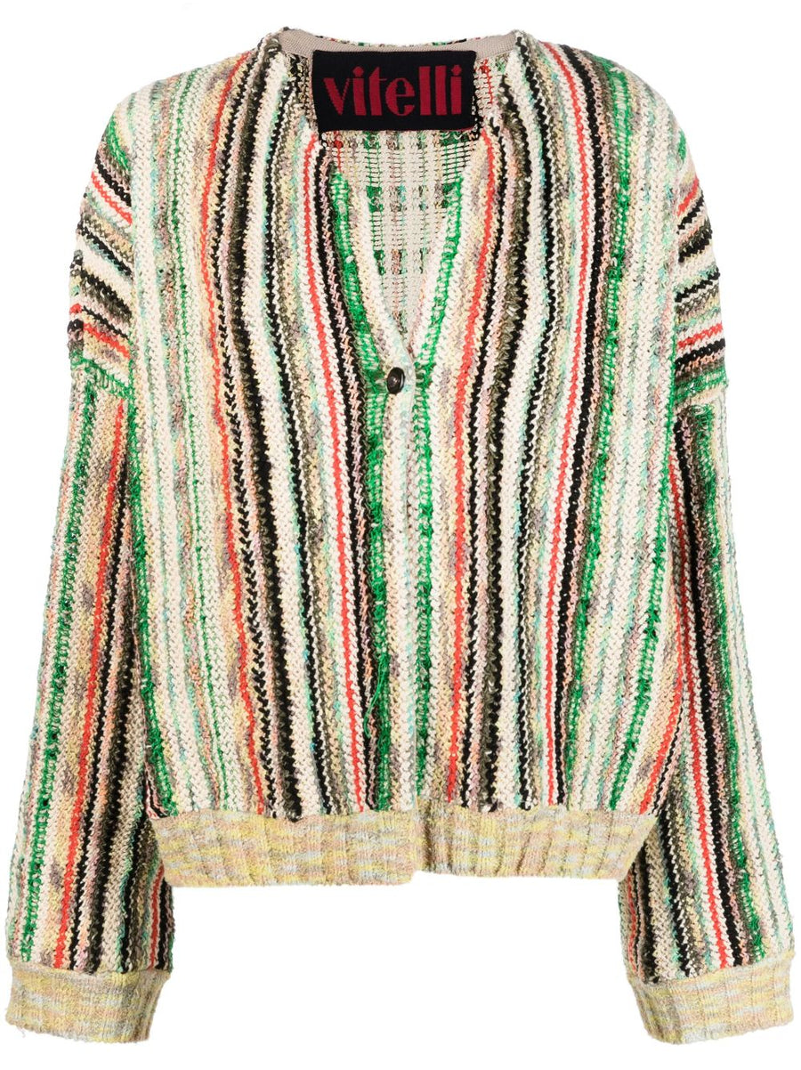 Vitelli Multicolor Striped Cardigan for Women Breathable Cotton Linen Wool Knit Versatile Front Button