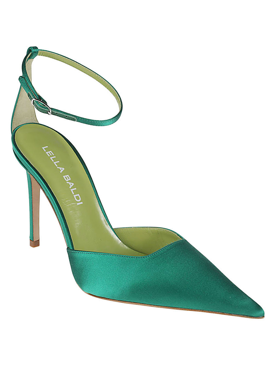 Lella Baldi Green Satin Pumps For Women Luxury High Heel Leather Lining Elegant Evening Wear