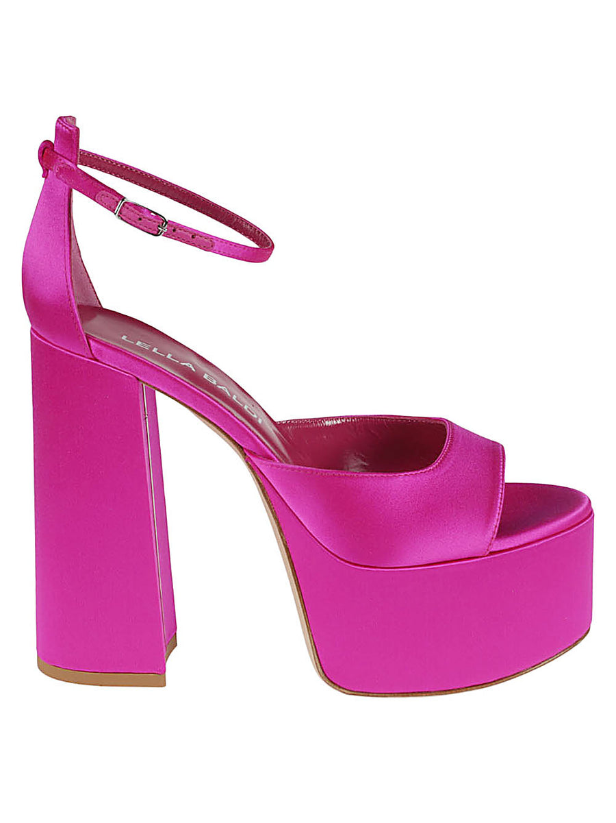 Lella Baldi Fuchsia Satin Platform Sandals Leather Lining For Women Luxury Heels