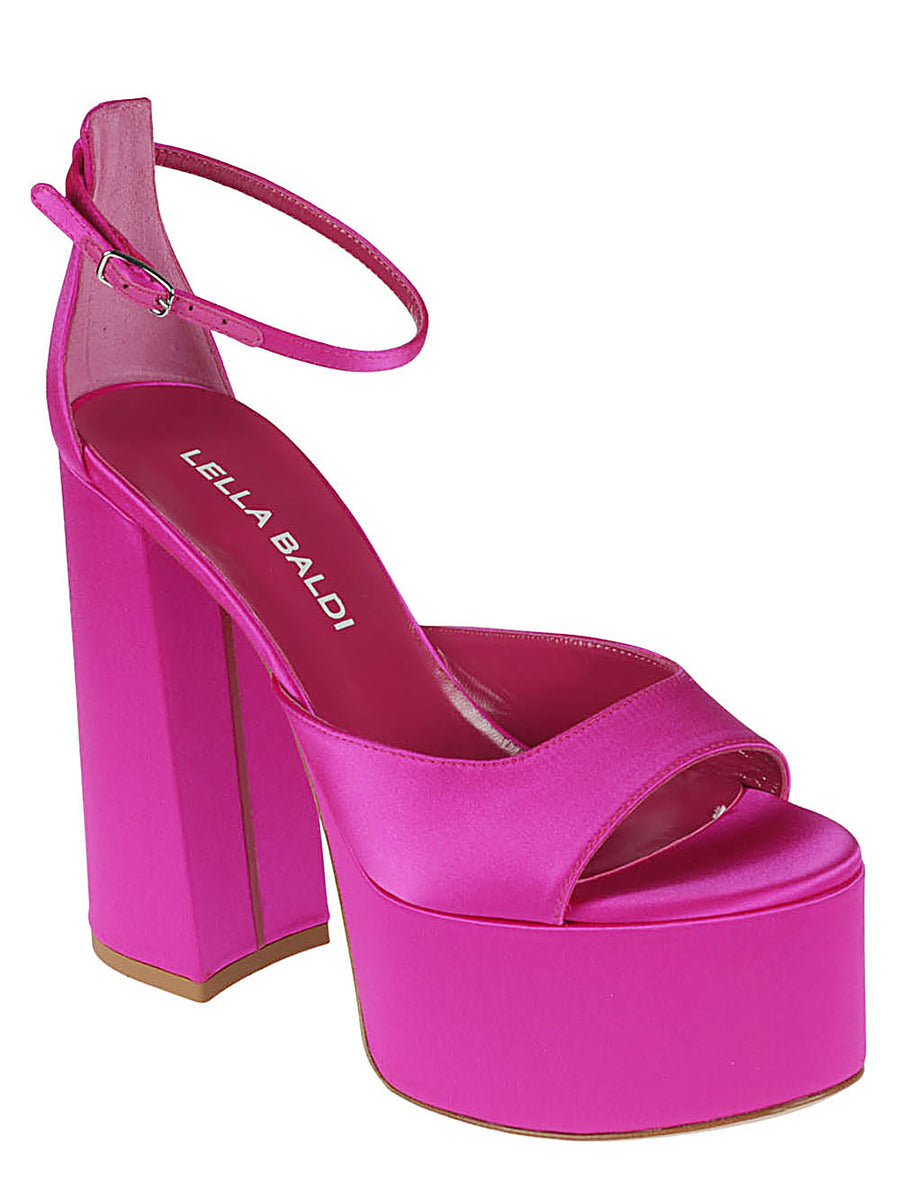 Lella Baldi Fuchsia Satin Platform Sandals Leather Lining For Women Luxury Heels