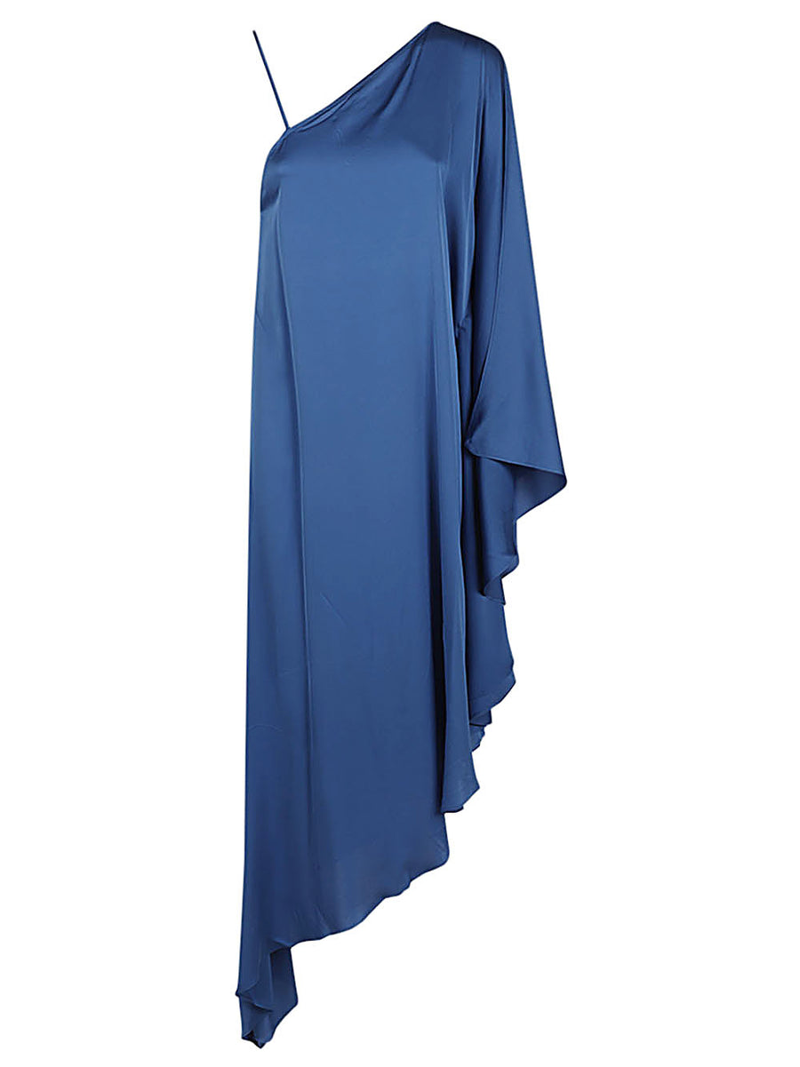 Silk95Five Long Asymmetrical Silk Dress In Blue For Women With Luxurious Drape For Formal Occasions