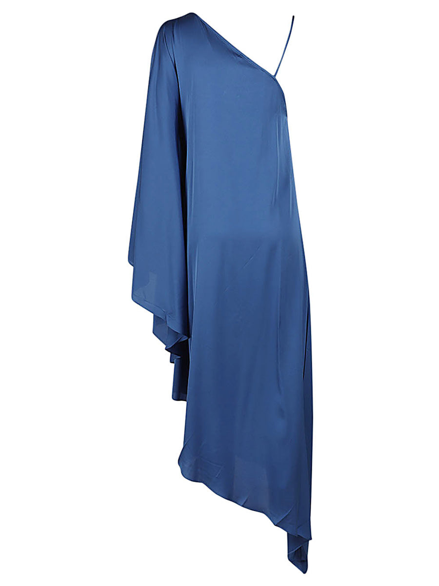 Silk95Five Long Asymmetrical Silk Dress In Blue For Women With Luxurious Drape For Formal Occasions