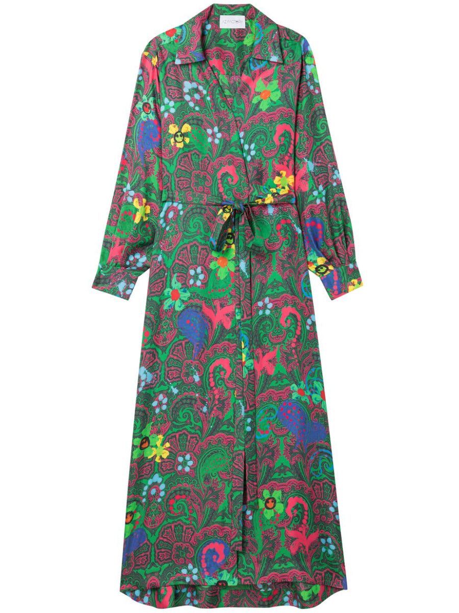 Az Factory By Ester Manas Silk Wrap Dress With Paisley Print In Green Long Belted Silhouette For Women